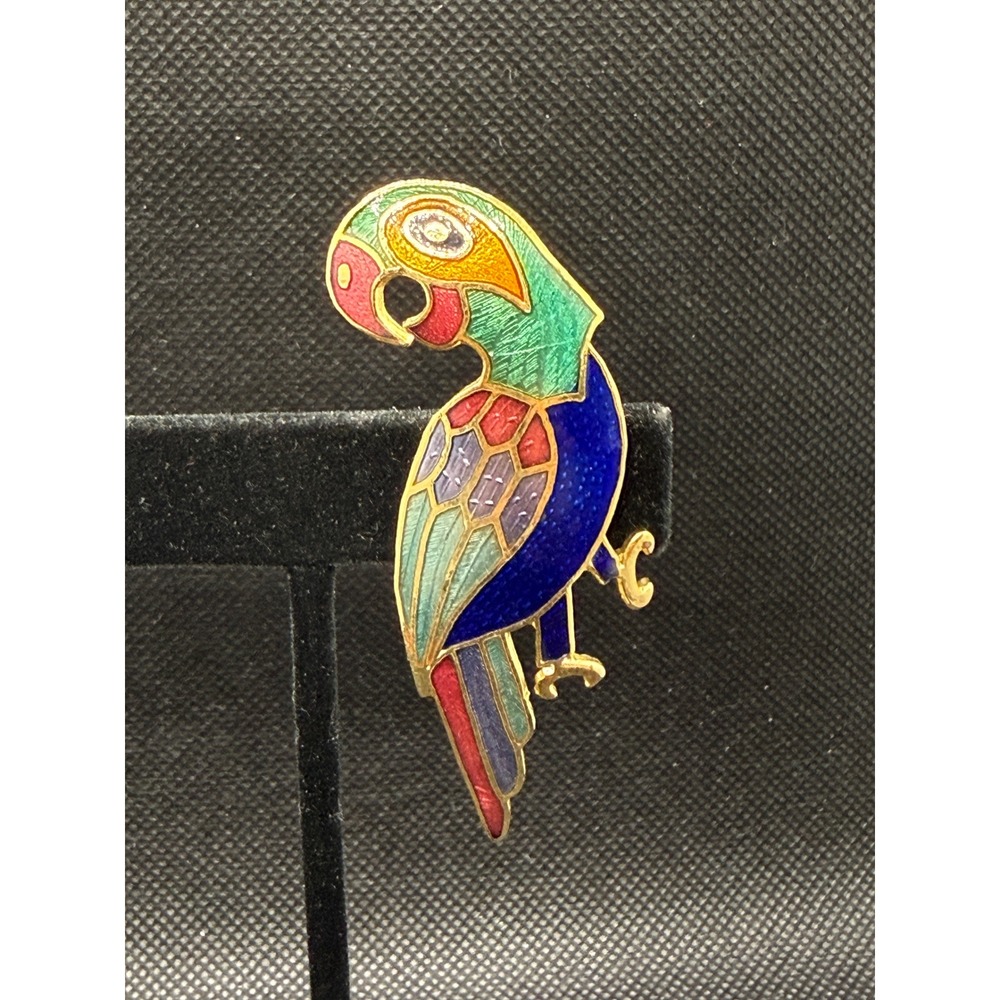 Vintage Cloisonne Enamel Parrot Brooch Multi Color Gold Tone Tropical Bird Pin